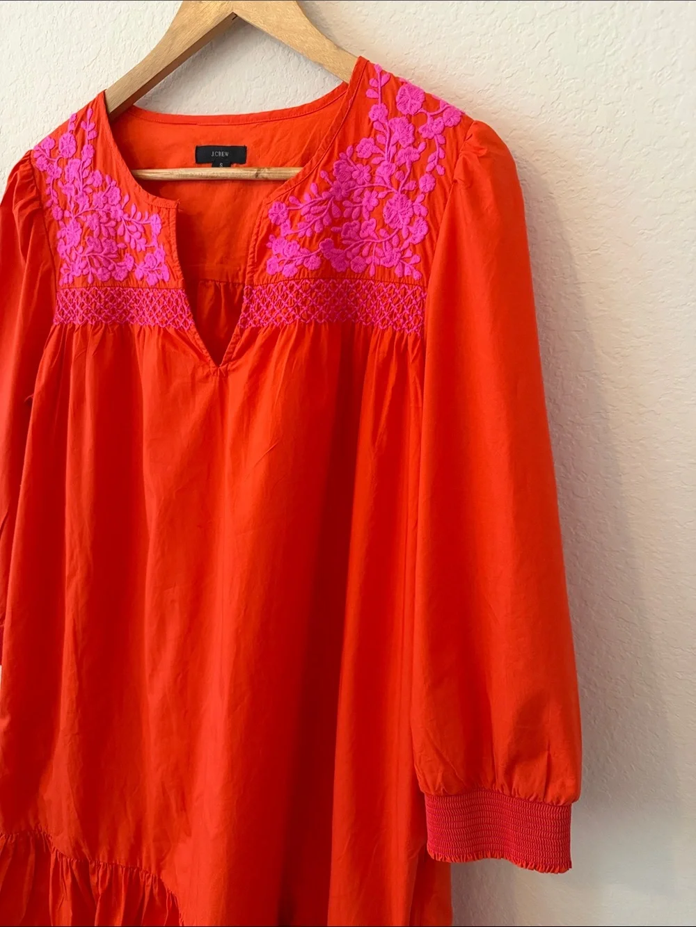 J.Crew Leda Embroidered Oversized S Popover Ruffle Dress Orange Pink